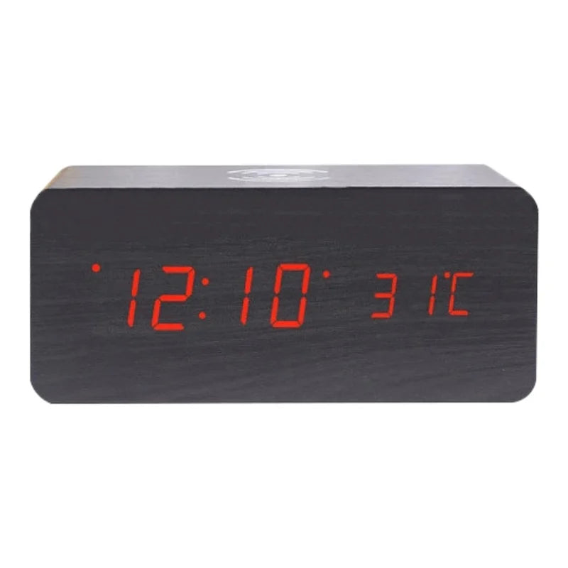 LED Electric Alarm Clock Digital Wooden Clocks with Phone Wireless Charger Snooze and Brightness Adjustable