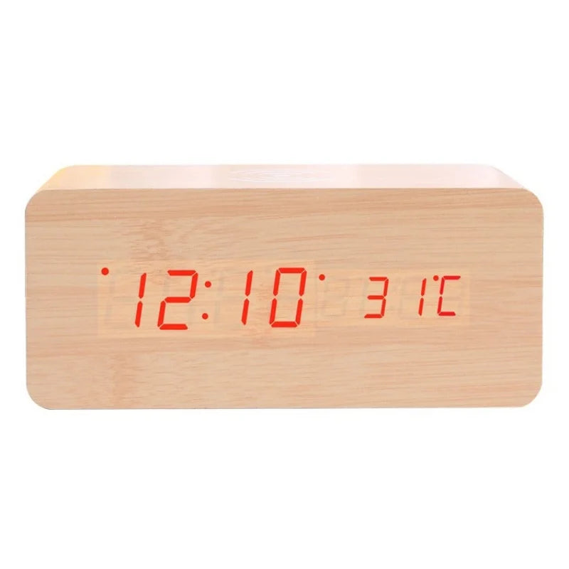 LED Electric Alarm Clock Digital Wooden Clocks with Phone Wireless Charger Snooze and Brightness Adjustable