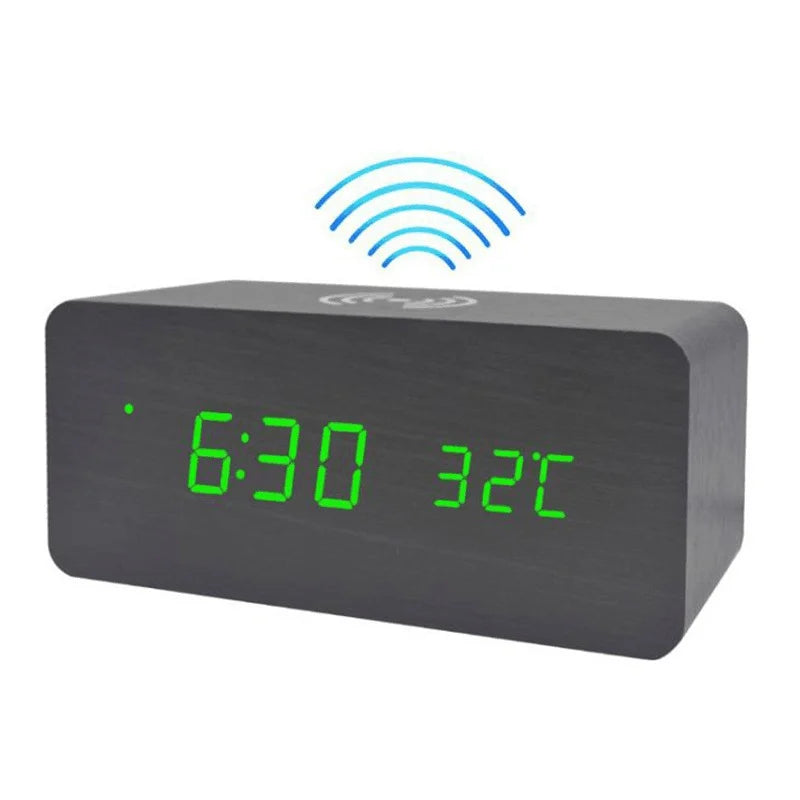 LED Electric Alarm Clock Digital Wooden Clocks with Phone Wireless Charger Snooze and Brightness Adjustable