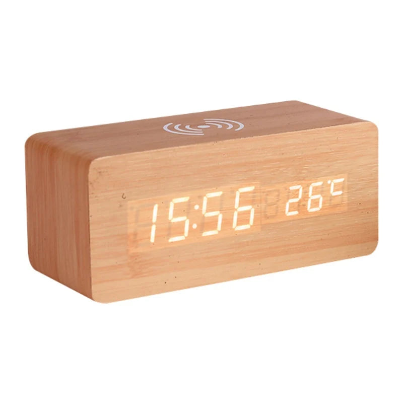 LED Electric Alarm Clock Digital Wooden Clocks with Phone Wireless Charger Snooze and Brightness Adjustable