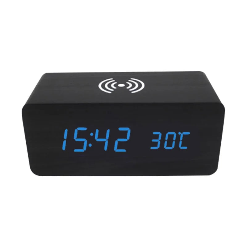 LED Electric Alarm Clock Digital Wooden Clocks with Phone Wireless Charger Snooze and Brightness Adjustable