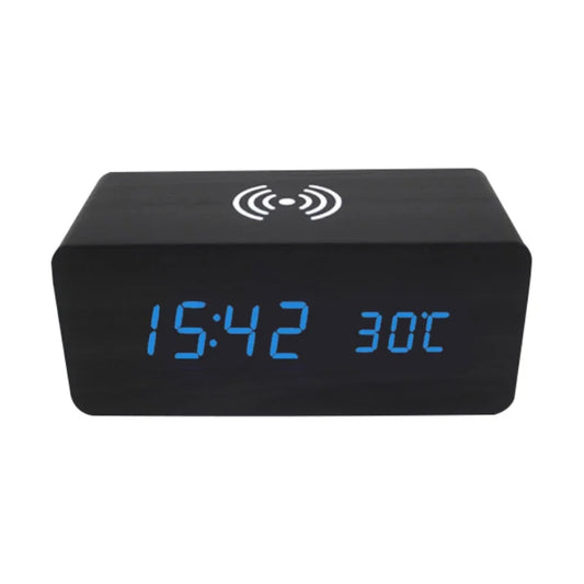 LED Electric Alarm Clock Digital Wooden Clocks with Phone Wireless Charger Snooze and Brightness Adjustable