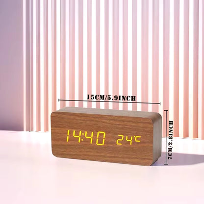 Wooden Digital Alarm Clock LED Table Clock with Temperature for Bedroom Office Desk Decorations