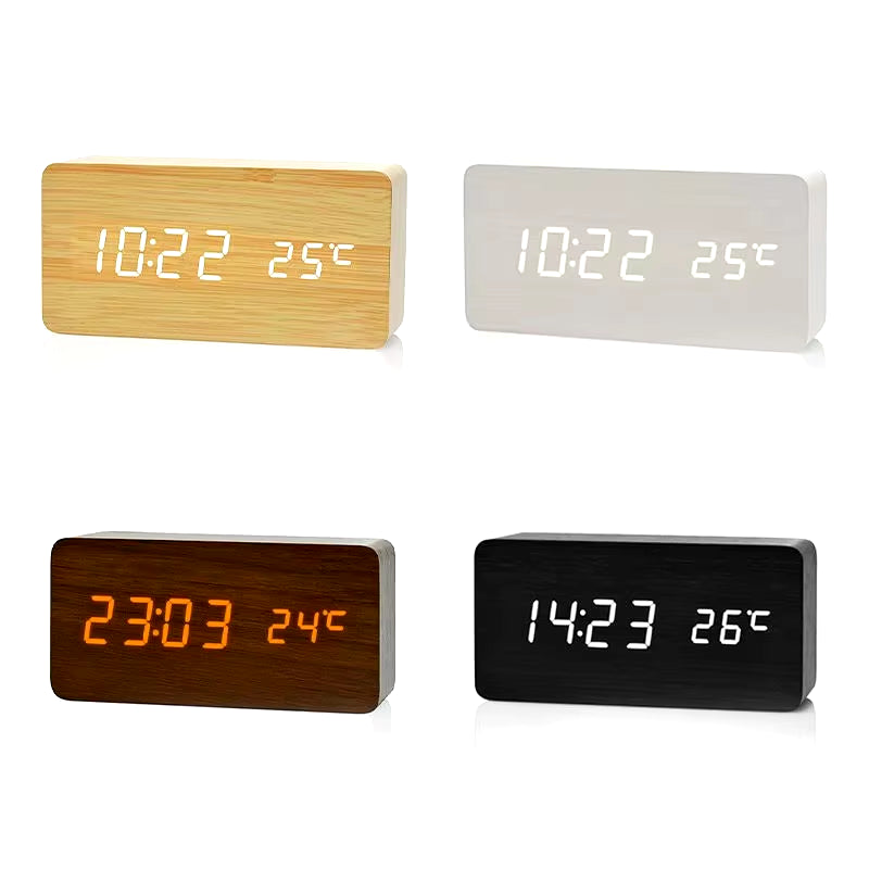 Wooden Digital Alarm Clock LED Table Clock with Temperature for Bedroom Office Desk Decorations