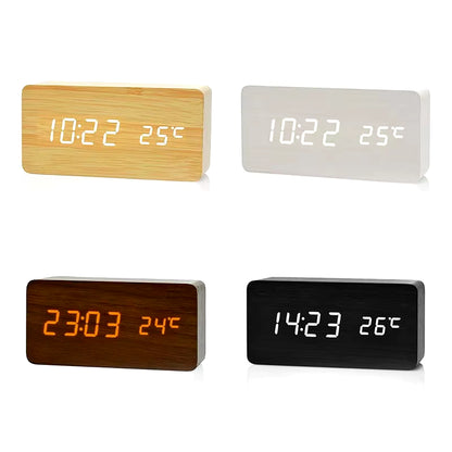 Wooden Digital Alarm Clock LED Table Clock with Temperature for Bedroom Office Desk Decorations
