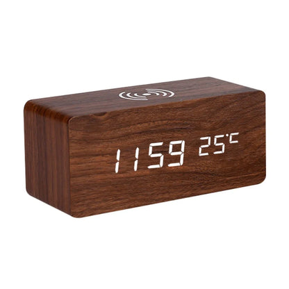 LED Electric Alarm Clock Digital Wooden Clocks with Phone Wireless Charger Snooze and Brightness Adjustable