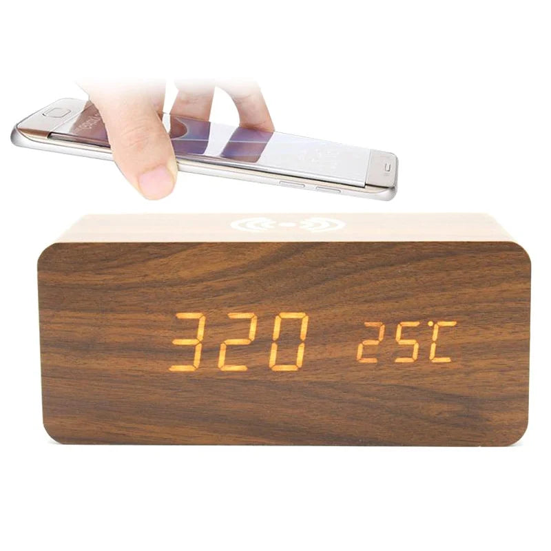 LED Electric Alarm Clock Digital Wooden Clocks with Phone Wireless Charger Snooze and Brightness Adjustable