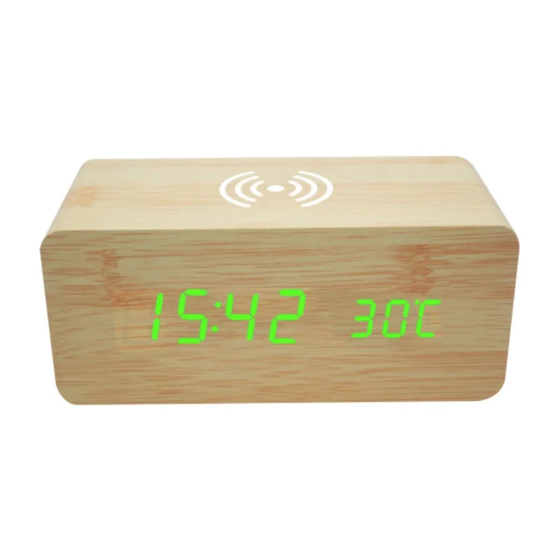 LED Electric Alarm Clock Digital Wooden Clocks with Phone Wireless Charger Snooze and Brightness Adjustable