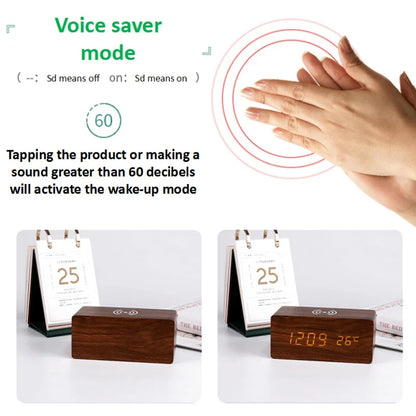 LED Electric Alarm Clock Digital Wooden Clocks with Phone Wireless Charger Snooze and Brightness Adjustable