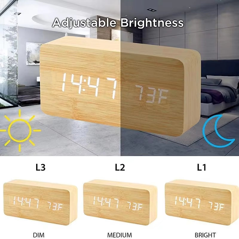 Wooden Digital Alarm Clock LED Table Clock with Temperature for Bedroom Office Desk Decorations
