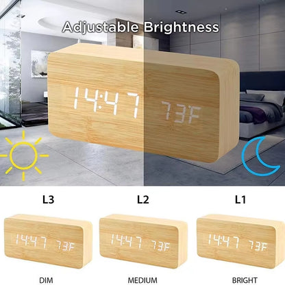 Wooden Digital Alarm Clock LED Table Clock with Temperature for Bedroom Office Desk Decorations