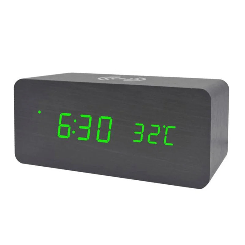 LED Electric Alarm Clock Digital Wooden Clocks with Phone Wireless Charger Snooze and Brightness Adjustable