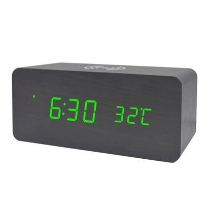 LED Electric Alarm Clock Digital Wooden Clocks with Phone Wireless Charger Snooze and Brightness Adjustable