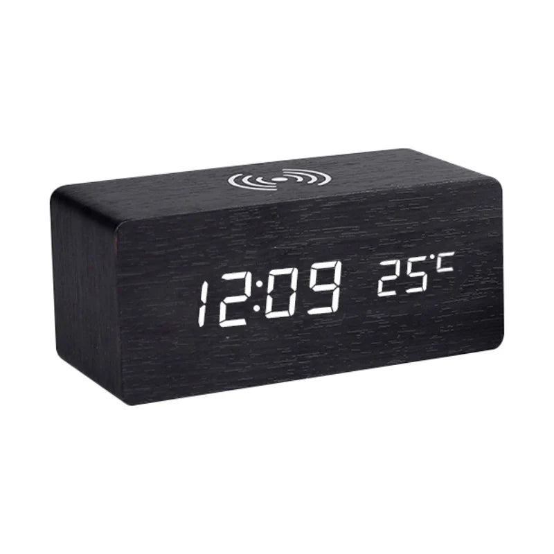LED Electric Alarm Clock Digital Wooden Clocks with Phone Wireless Charger Snooze and Brightness Adjustable