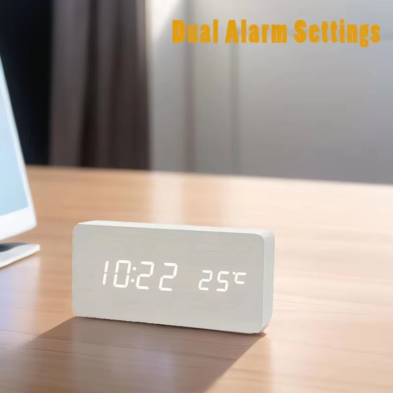 Wooden Digital Alarm Clock LED Table Clock with Temperature for Bedroom Office Desk Decorations