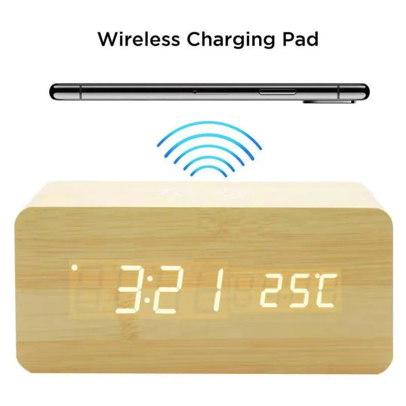 LED Electric Alarm Clock Digital Wooden Clocks with Phone Wireless Charger Snooze and Brightness Adjustable
