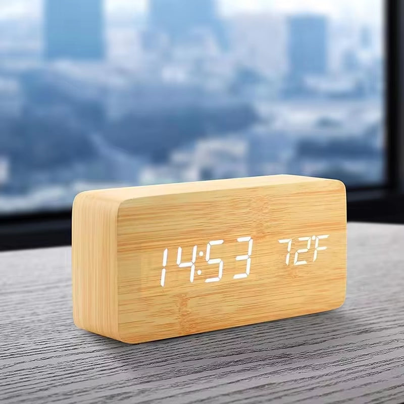 Wooden Digital Alarm Clock LED Table Clock with Temperature for Bedroom Office Desk Decorations
