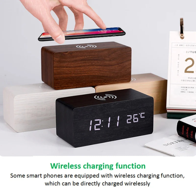 LED Electric Alarm Clock Digital Wooden Clocks with Phone Wireless Charger Snooze and Brightness Adjustable