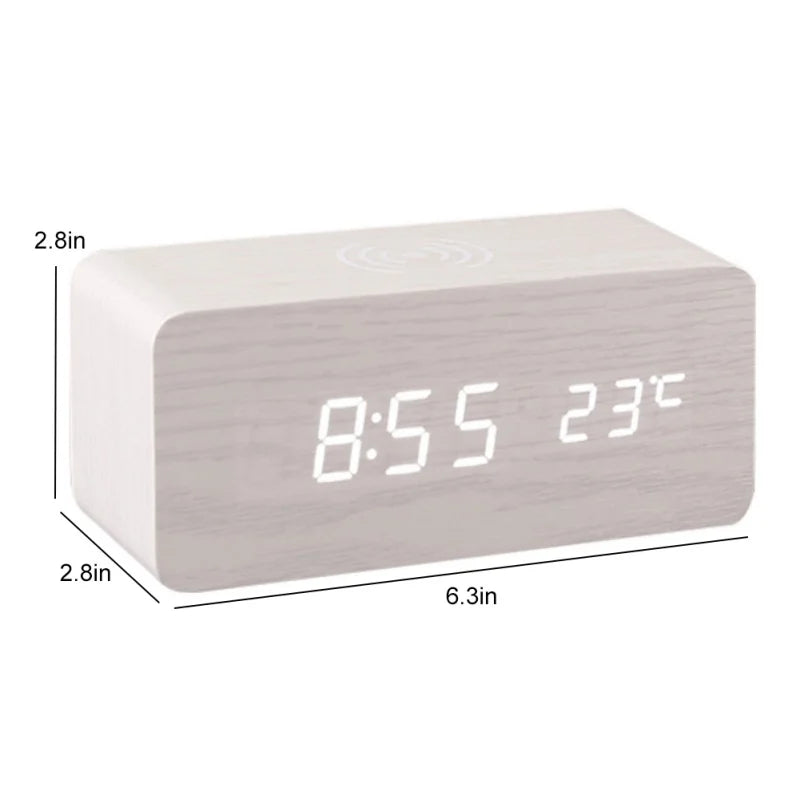 LED Electric Alarm Clock Digital Wooden Clocks with Phone Wireless Charger Snooze and Brightness Adjustable